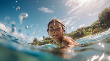 Youthful young lady in swimming outfit surfer with surf board plunge submerged with fun beneath huge sea wave Family way of life individuals water don lessons and shoreline swimming movement on summer