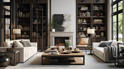 Cozy Living Room with Brown Coffee Table, Couch, and Bookshelves in Dark White and Dark Bronze Cottagecore Style