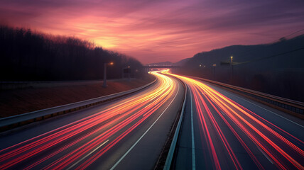 photograph of A long exposure photo, motion blur of a highway at night. - obrazy, fototapety, plakaty