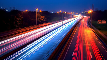 Fototapeta na wymiar photograph of A long exposure photo, motion blur of a highway at night.