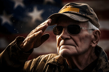 American Veteran’s Saluting the US Flag -  Concept of, Veterans Day, Flag Day, Memorial Day, Independence Day, Patriot Day - obrazy, fototapety, plakaty