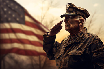Veteran’s Saluting the US Flag -  Concept of Veterans Day, Flag Day, Memorial Day, Independence Day, Patriot Day - obrazy, fototapety, plakaty