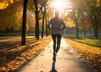 Fototapeta premium Young female athlete in sportswear running in park for evening time workout.Macro.AI Generative