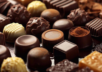 Assorted chocolate pralines, confectionery gourmet dark,white,milk chocolate candies.Macro.AI...