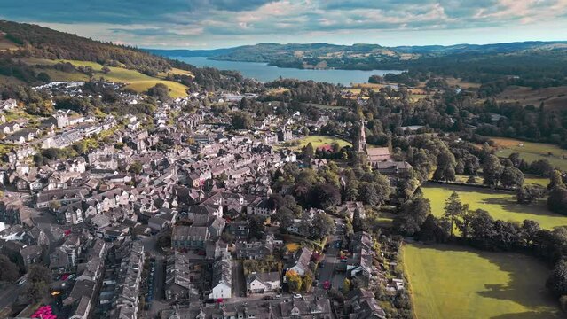 Aerial drone footage of the village of Ambleside in the Cumbrian Lake District