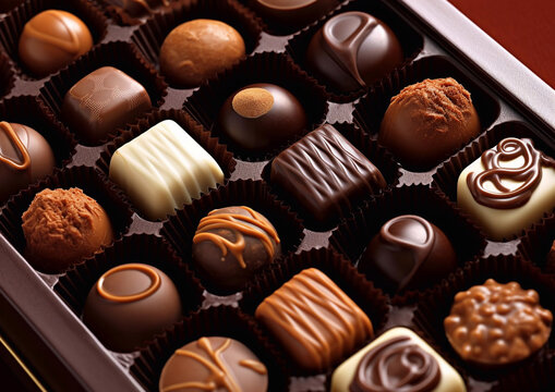 Box of various chocolate candies and truffels in confectionery.Macro.AI Generative