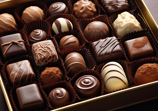 Box of various chocolate candies and truffels in confectionery.Macro.AI Generative