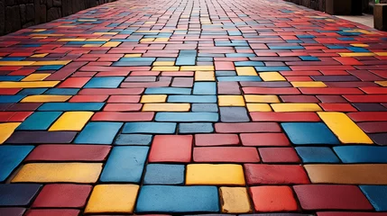 Foto op Plexiglas Selective focus on colorful pedestrian concrete pavers. Arranged according to pattern design. Colorful and attractive to pedestrians. © Aisyaqilumar