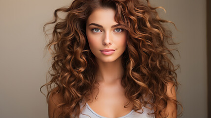 Woman with curly beautiful hair on gray background, girl with beauty short wavy hairstyle.
