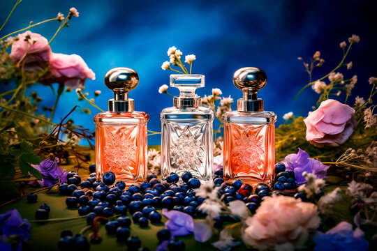 Trois flacons de parfum pr&eacute;sent&eacute; avec des fleurs et des plantes