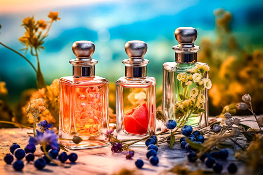 Trois flacons de parfum présenté avec des fleurs et des plantes