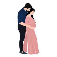 The man carefully embraced the pregnant woman. Husband and wife are expecting a baby, Loving Husband Illustration. Flat vector illustration isolated on white background