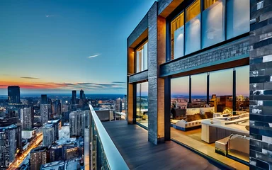 Foto op Plexiglas Modern apartment building exterior with panoramic city view at sunset. © UN