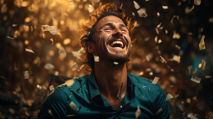 Portrait of a happy male football sport player celebrating winning with confetti falling - obrazy, fototapety, plakaty