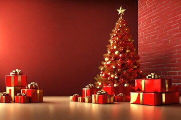 3d rending Christmas tree Christmas gift box red with gold colours  background as an old wall