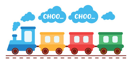 Cute toy train locomotive for kid, engine, wagon, wheels and railway for child. Flat vector illustration for holiday, birthday and shop. Transport children game.