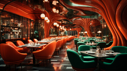 Luxury restaurant interior design. Interior of the room for eating. Photos for advertising of restaurant business.