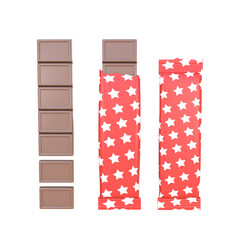 3D Rendering Milk Chocolate Bar Closed And Wrapper Opened Isolated On Transparent Background, PNG File Add