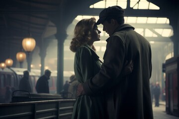 In a 1940s style train station, a couple shares fleeting parting glances amidst the swirl of steam. Their vintage attire and the ambient surroundings evoke a nostalgic romance.