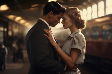 Fototapeten In a 1940s style train station, a couple shares fleeting parting glances amidst the swirl of steam. Their vintage attire and the ambient surroundings evoke a nostalgic romance. © Kishore Newton