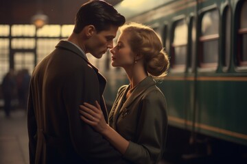 In a 1940s style train station, a couple shares fleeting parting glances amidst the swirl of steam. Their vintage attire and the ambient surroundings evoke a nostalgic romance.