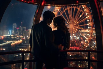 Fototapeta premium Elevated in a Ferris wheel cabin, a couple shares an intimate moment, their silhouettes contrasting against a vivid tapestry of carnival lights, illuminating the night's magic.