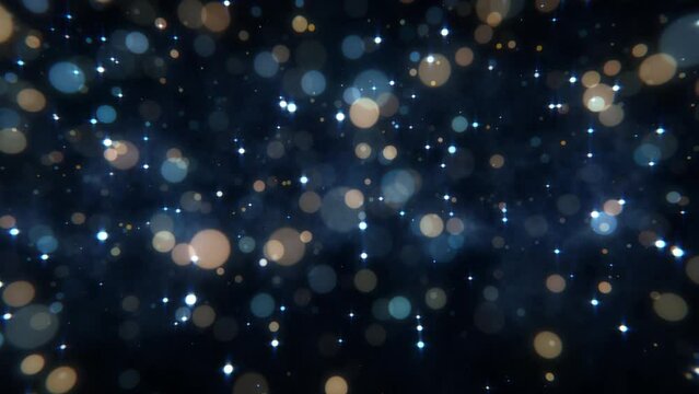 4k Gold Particles Wallpaper.  Motion Background. Golden glitter particle. Black or Dark blue backdrop. Animated Overlay. Defocused bokeh. 2160p. 60 fps
