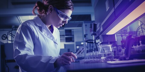 A Woman in a Lab Coat Expertly Handling Chemicals in a Cutting-Edge Pharmaceutical Laboratory, Pioneering Advancements in Science, Medicine, and Healthcare Research