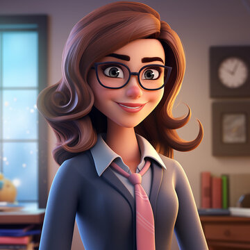 3d female teacher cartoon character on blurred classroom background