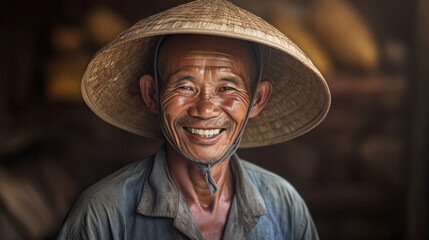 Old man with an Asian conical hat outdoors portrait, Vietnam. - obrazy, fototapety, plakaty