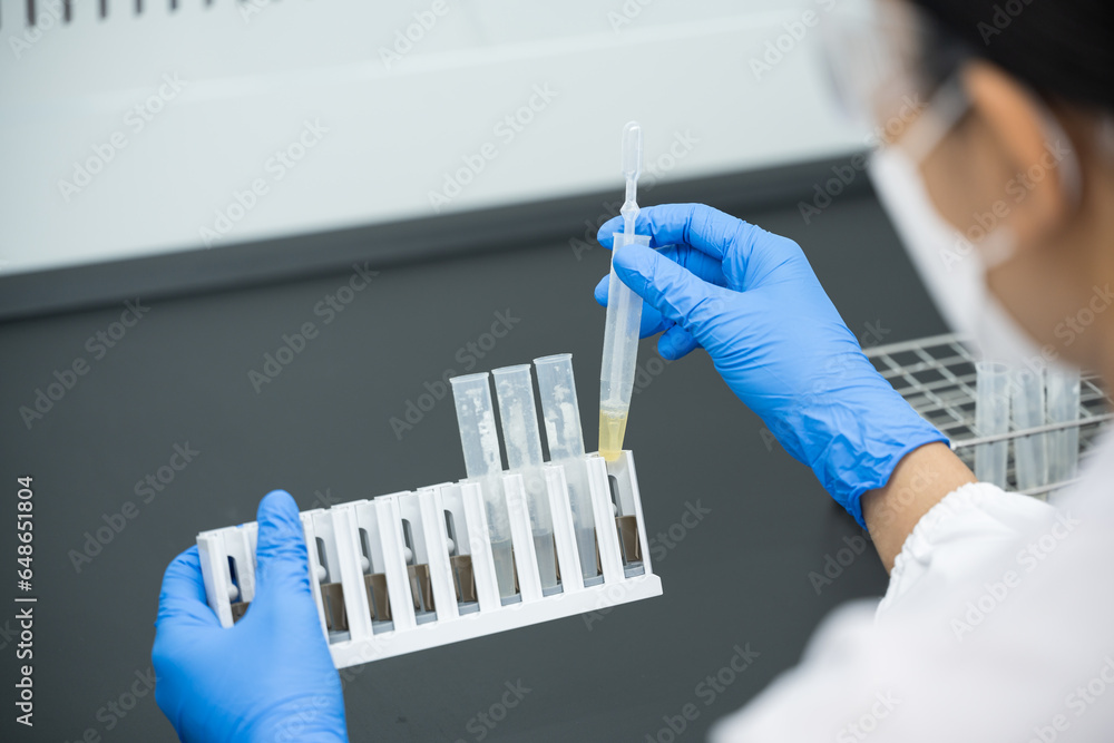 Wall mural close up scientist wearing blue gloves working with test tube in the flume hood at laboratory.select