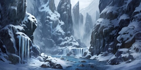 AI Generated. AI Generative. Winter snow ice nature outdoor frozen waterfall landscape background. Polar arctic explore adventure travel tour promotion