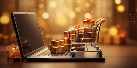 A Laptop Screen Displays a Shopping Cart Filled with Presents, Signifying Christmas Shopping, Black Friday, and the Convenience of Online Holiday Purchases during the Festive Christmas Season