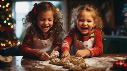 Two girl children toddlers having fun baking Christmas cookies, winter, holiday season, happy holidays