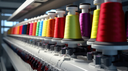 Textile Factory Precision: Colorful Thread Reels Grace a Modern Automated Sewing or Embroidery Machine, Symbolizing Efficiency and Quality.