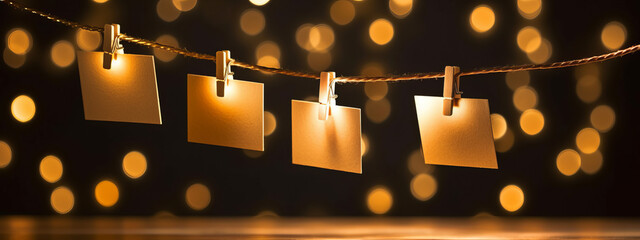 four white Pinned Cards on a String, defocused background dark night with gold bokeh lights.generative ai - obrazy, fototapety, plakaty