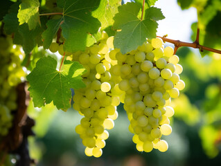 Vine and large clusters of green grapes in a vineyard. The fresh morning mood with sunlight shining from the side.