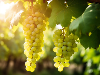 Fototapeta premium Vine and large clusters of green grapes in a vineyard. The fresh morning mood with sunlight shining from the side.