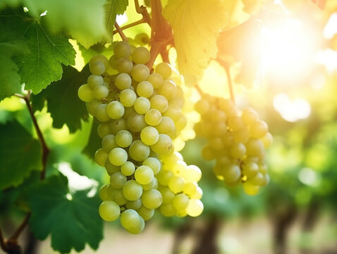 Vine and large clusters of green grapes in a vineyard. The fresh morning mood with sunlight shining from the side.