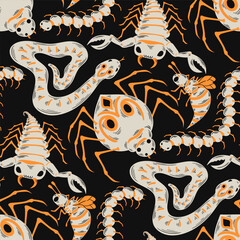 vector halloween venomous animals seamless pattern on black.