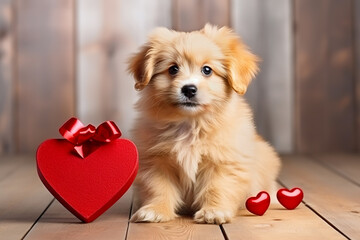 Cute puppy with festive red heart box. Giving Tuesday, boxing day or valentine's day concept