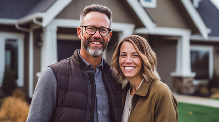 A happy Husband and wife stands smiling in front of a large house. new house concept creating a family.Generative AI.