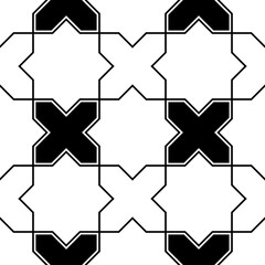 Seamless surface pattern design with Moroccan stars and crosses tiles ornament. Oriental traditional ornamentation with repeated geometric shapes. Ancient mosaic wallpaper. Grid motif. Digital paper.