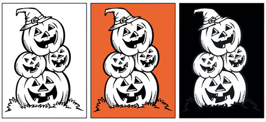 Coloring page for Halloween, vector illustration, Black and white pumpkin drawing, October event, Fun Activity, DIY Coloring, Halloween Artwork, poster, sticker