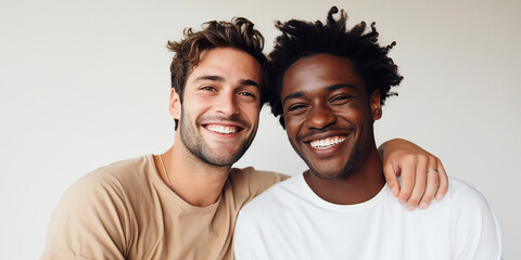 Obraz premium A couple of LGBT men smiling on a light background