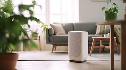 Air purifier in cozy white living room for filter and cleaning removing dust PM2.5 HEPA and virus in home.generative ai
