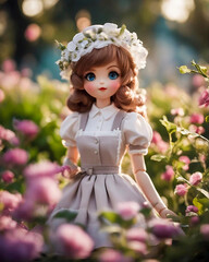 Beautiful Maid doll with white dress in the garden