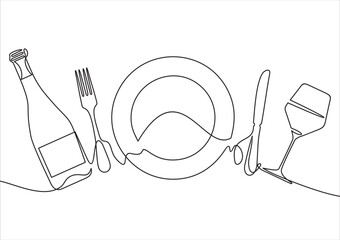 Continuous one line drawing of plate, fork, knife, bottle of wine and glass. Menu food design. Vector illustration.