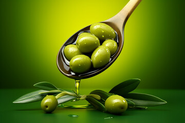 Green olives and olive oil in a spoon on a green background, beautiful food composition