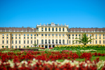 Schonbrunn Palace in Vienna, Austria captured on a sunny summer day. Imperial summer residence and flowerbeds in the adjacent garden. Wien Schönbrunn Palace as a UNESCO World Heritage site.